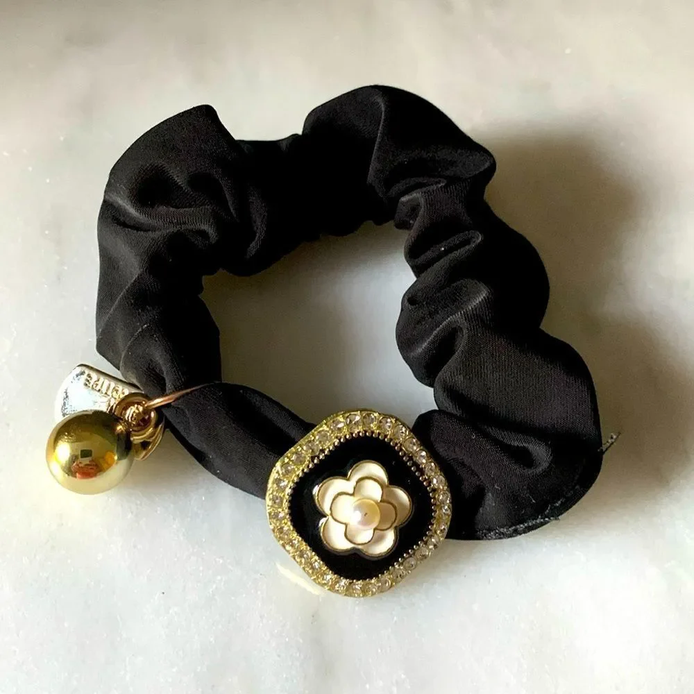 Camellia Flower Charm Black Scrunchie - Hair Tie Hair Band